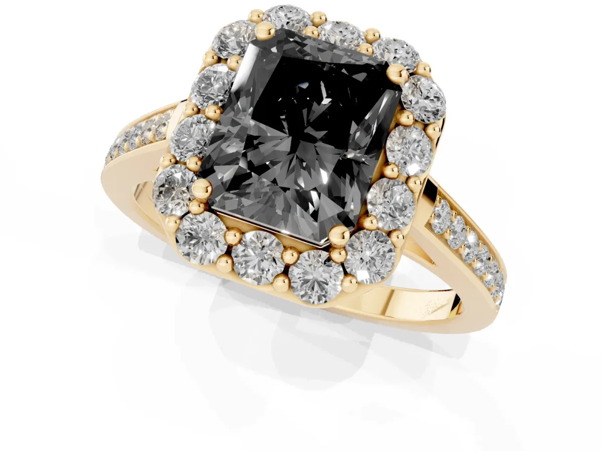 Fancy Black Radiant Cut Diamond Floral Halo Ring with Pavé Band and Prong Setting Yellow gold