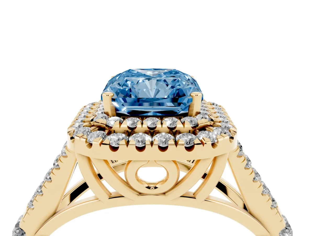 Fancy Blue Radiant Cut Cut Double Halo Split Shank Diamond Ring with Prong Setting Yellow gold