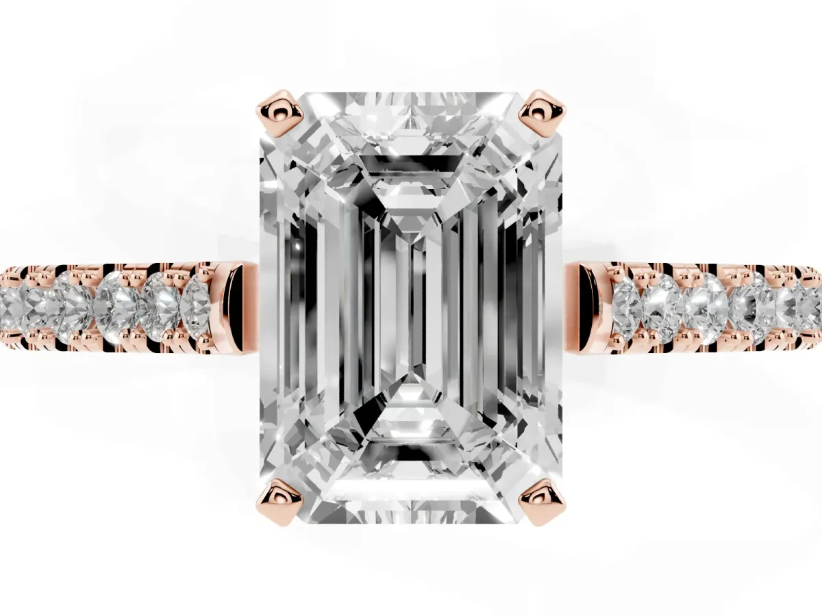 Emerald Cut Cut Solitaire Diamond Engagement Ring with Pave Band and Four-Prong Setting Rose gold