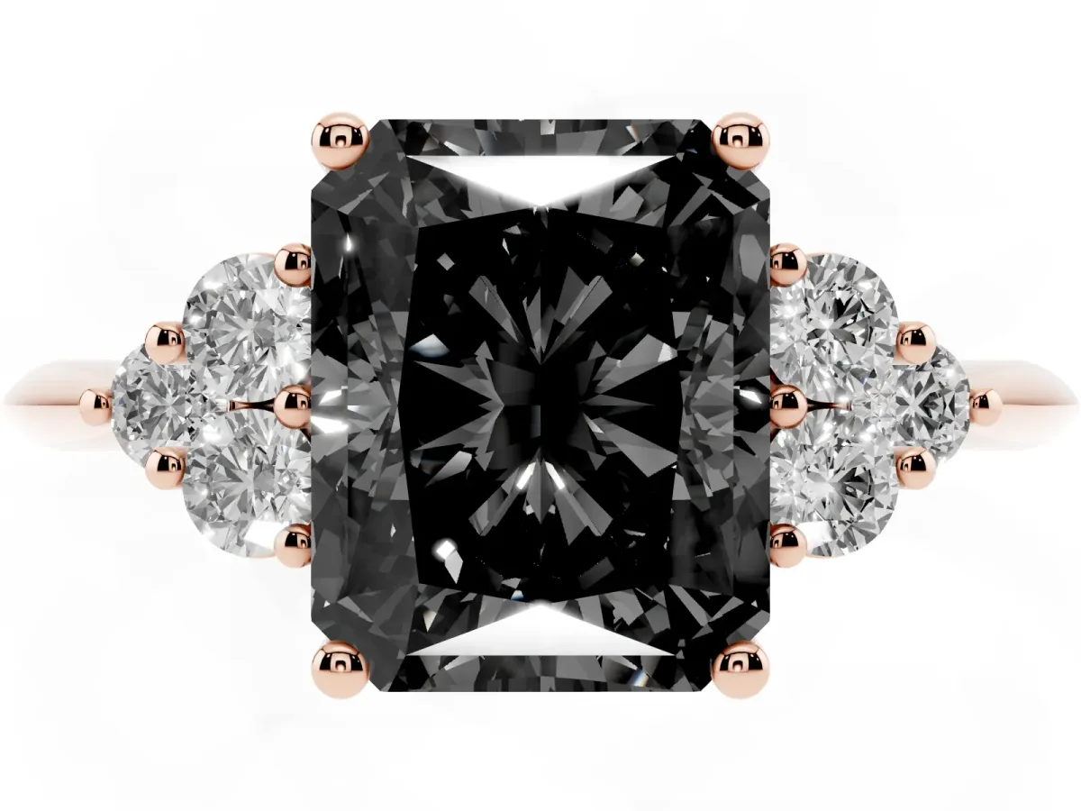 Fancy Black Radiant Cut Cut Diamond Cluster Ring with Solitaire Band and Four-Prong Setting Rose gold