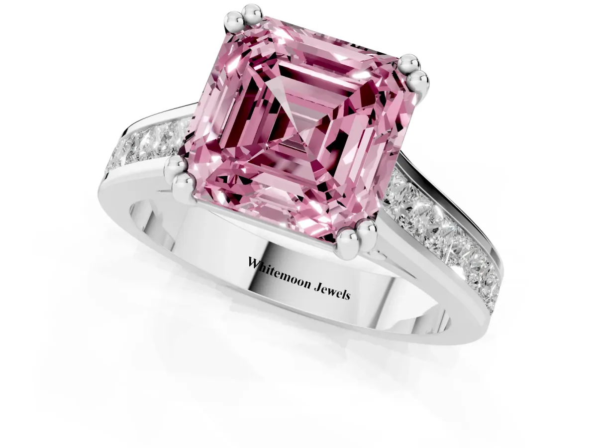 Fancy Pink Asscher Cut Cut Channel Set Solitaire Engagement Ring with Prong Setting Silver