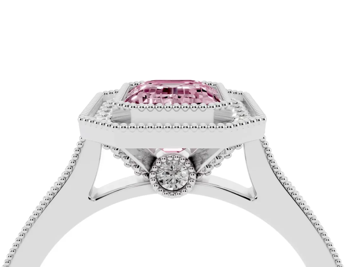 Fancy Pink Halo Emerald Cut-Cut Diamond Pave Band Milgrain Prong Setting Ring Silver