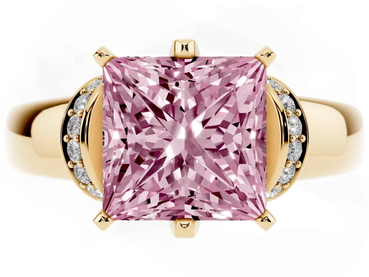 Fancy Pink Princess Cut Solitaire Diamond Ring with Pave Band and Six-Prong Setting Yellow gold