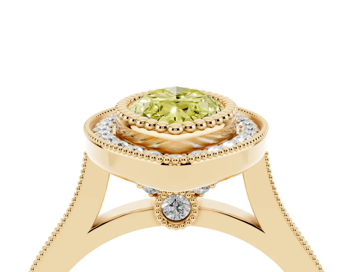 Fancy Yellow Marquise Cut Diamond Halo Ring with Milgrain Frame and Pavé Band Yellow gold