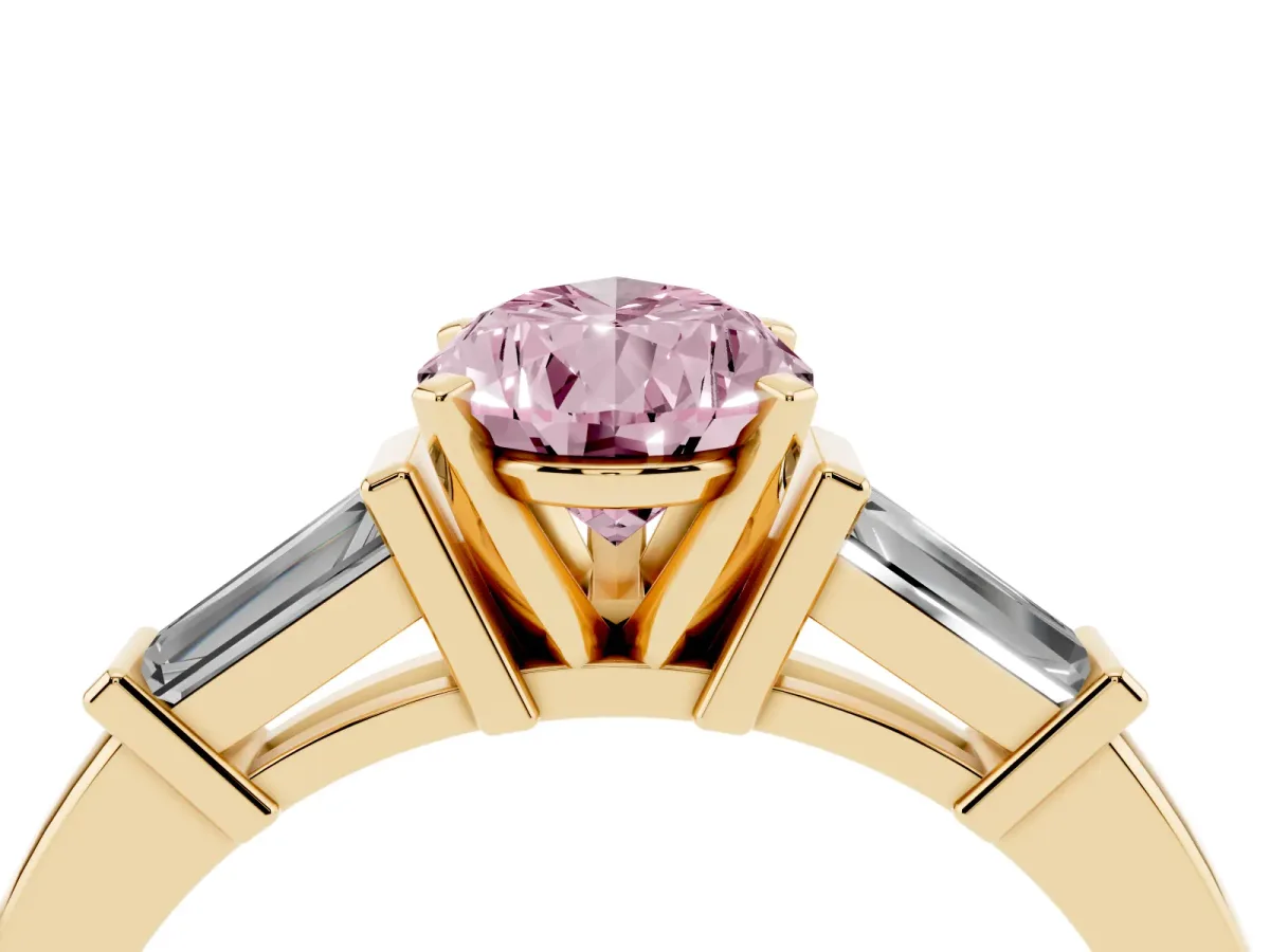 Fancy Pink Pear Cut Cut Diamond Solitaire Ring with Tapered Baguette Accents and Four-Prong Setting Yellow gold