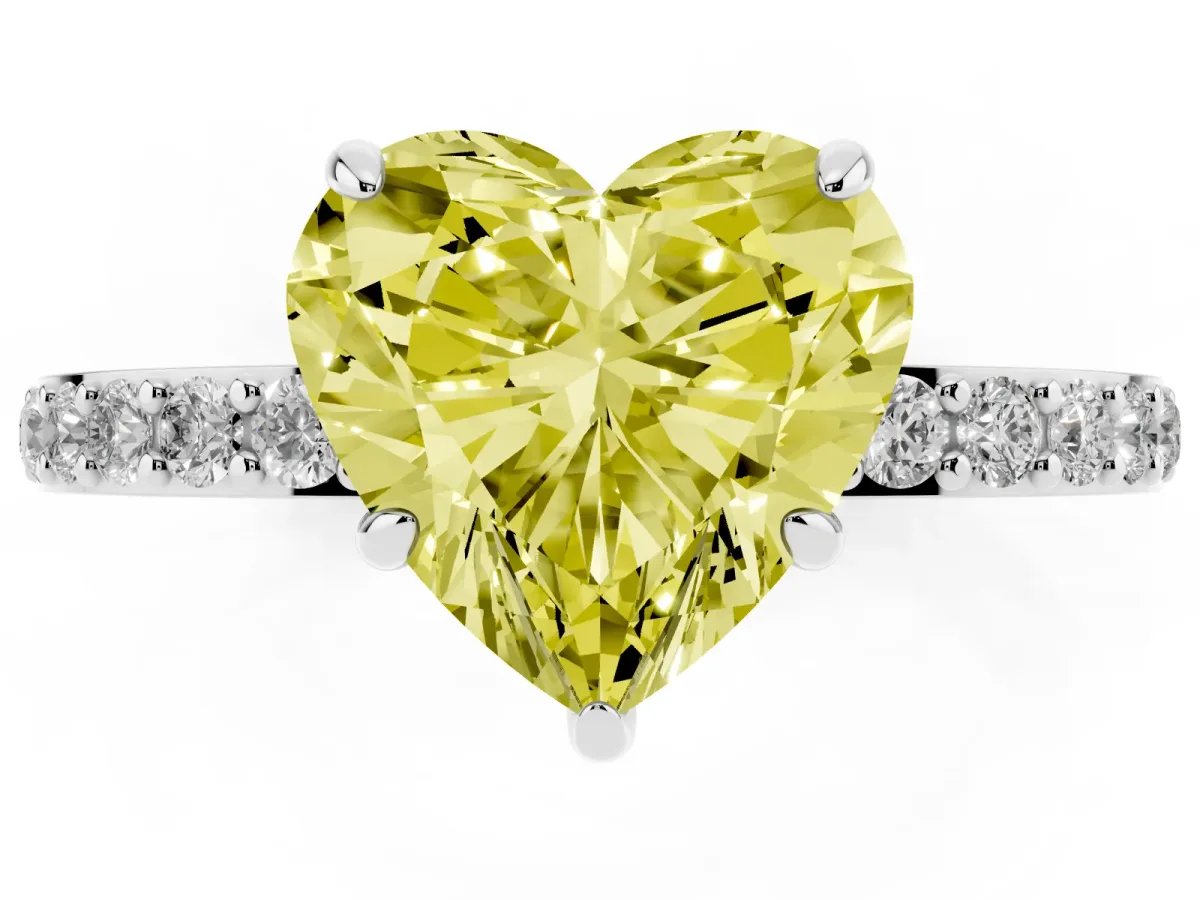 Fancy Yellow Heart Cut Diamond Pavé Engagement Ring with Round Accents and Prong Setting Silver