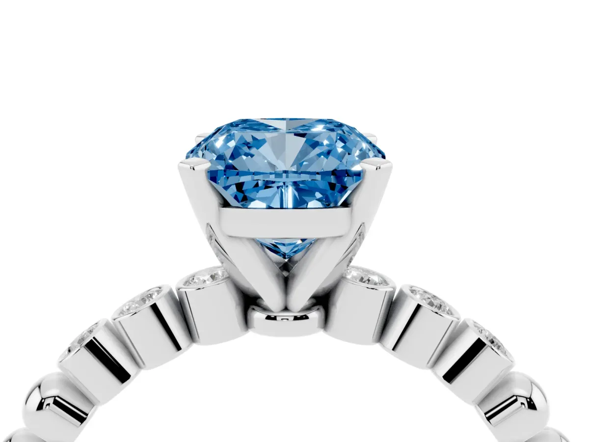 Fancy Blue Cushion Cut Solitaire Bezel Accent Diamond Engagement Ring with Beaded Band and Four-Prong Setting Silver