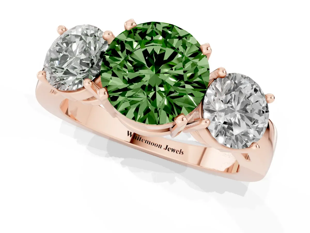 Fancy Green Three-Stone Round Cut Diamond Ring with Round Side Stones, Classic Band, and Four-Prong Setting Rose gold