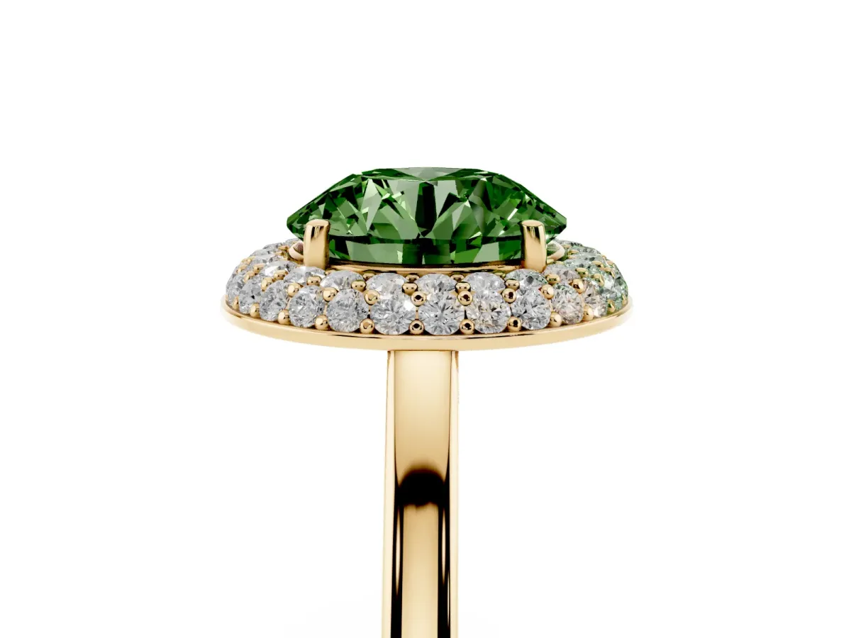 Fancy Green Round Cut Halo Diamond Engagement Ring with Solitaire Band and Four-Prong Setting Yellow gold