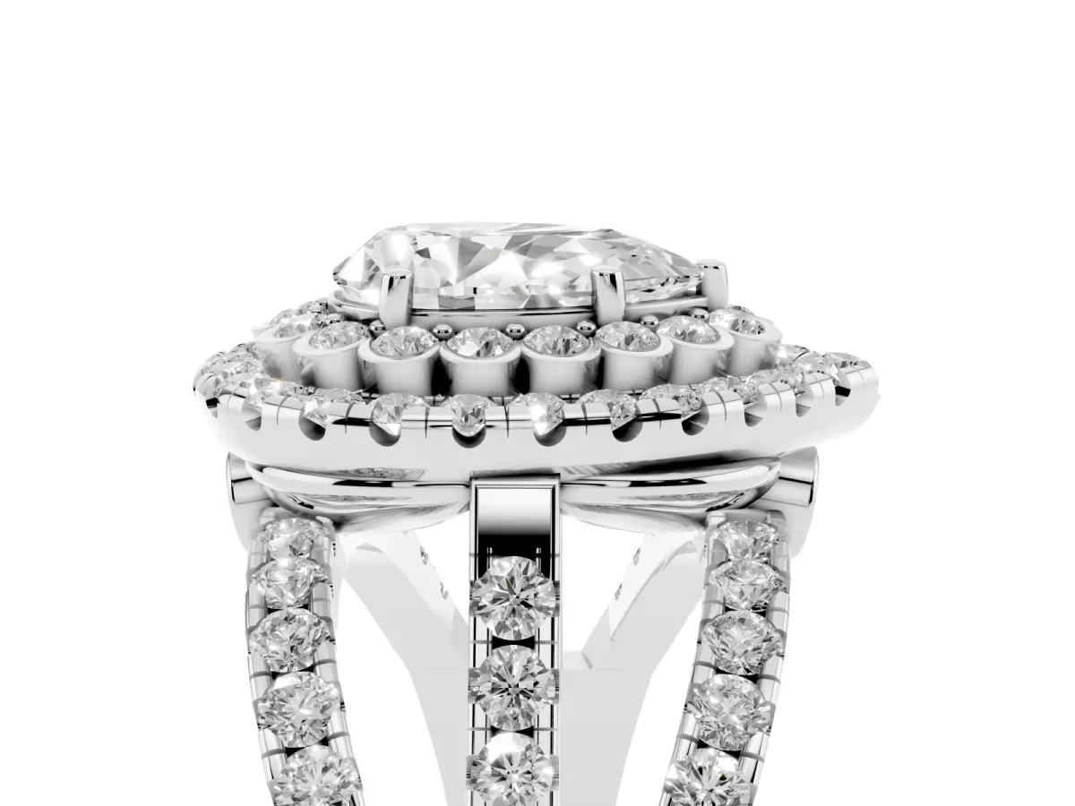 Pear Cut Diamond Double Halo Ring with Round Pavé Split Shank and Prong Setting Silver