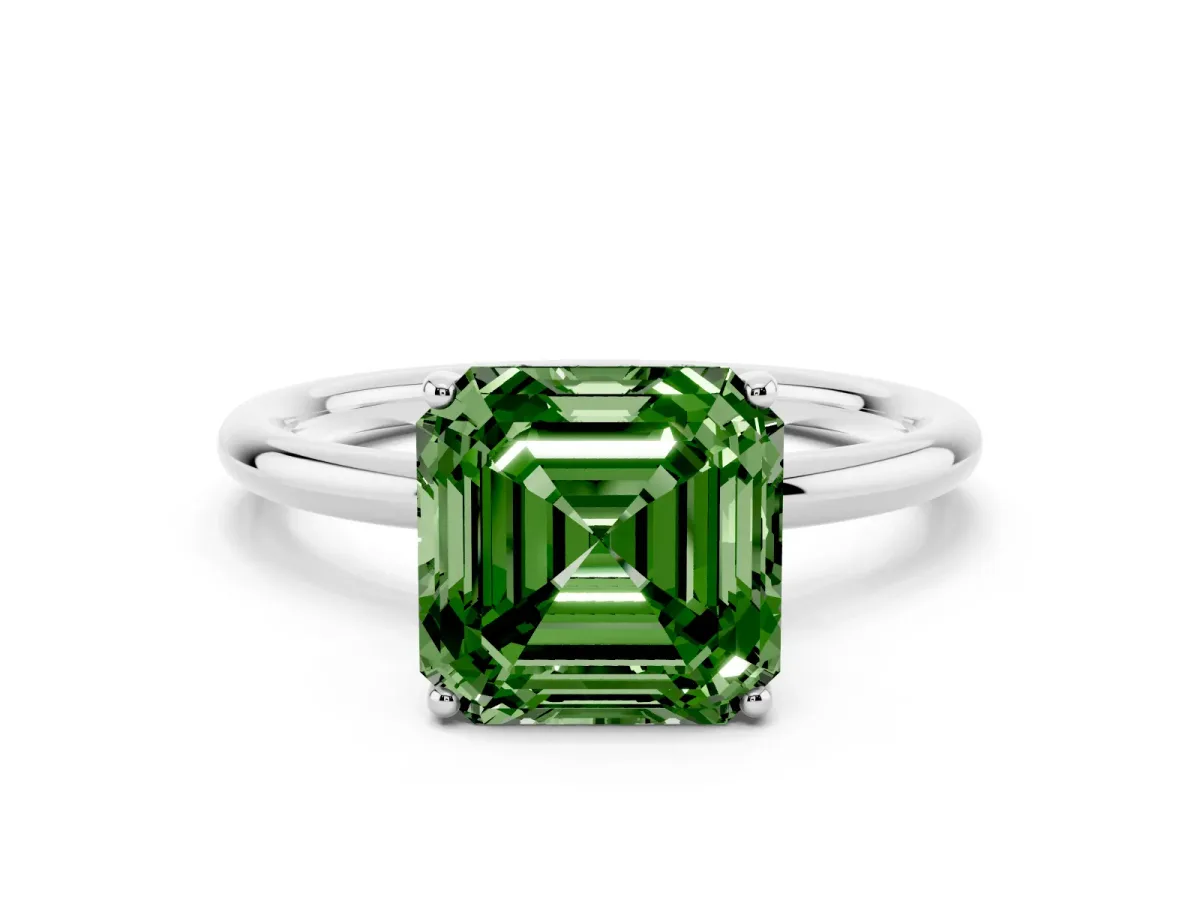 Fancy Green Asscher Cut Solitaire Diamond Ring with a Classic Band and Four-Prong Setting Platinum
