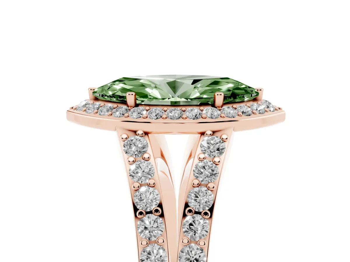 Fancy Green Marquise Cut Diamond Split Shank Halo Ring with Four-Prong Setting Rose gold