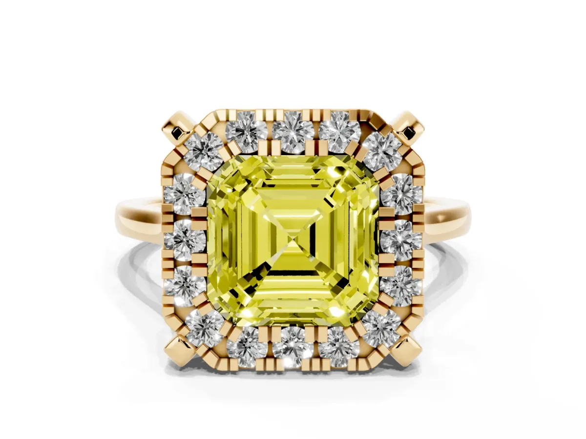 Fancy Yellow Asscher Cut Diamond Cluster Halo Solitaire with Four-Prong Setting Yellow gold