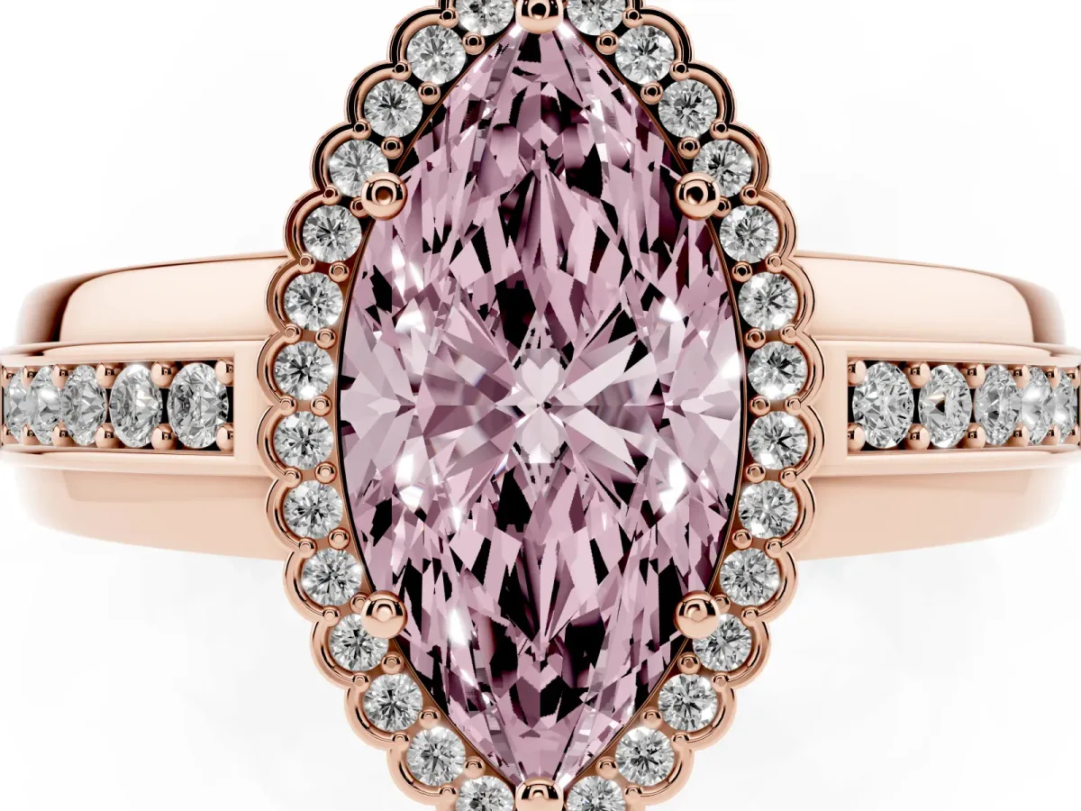Fancy Pink Marquise Cut Cut Halo Pave Band Four-Prong Ring Rose gold