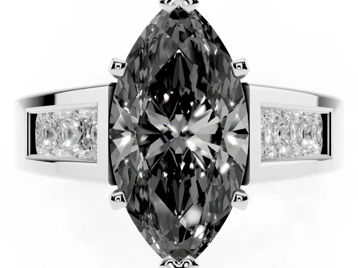 Fancy Black Marquise Cut Cut Channel Set Solitaire Ring with Four-Prong Setting Silver