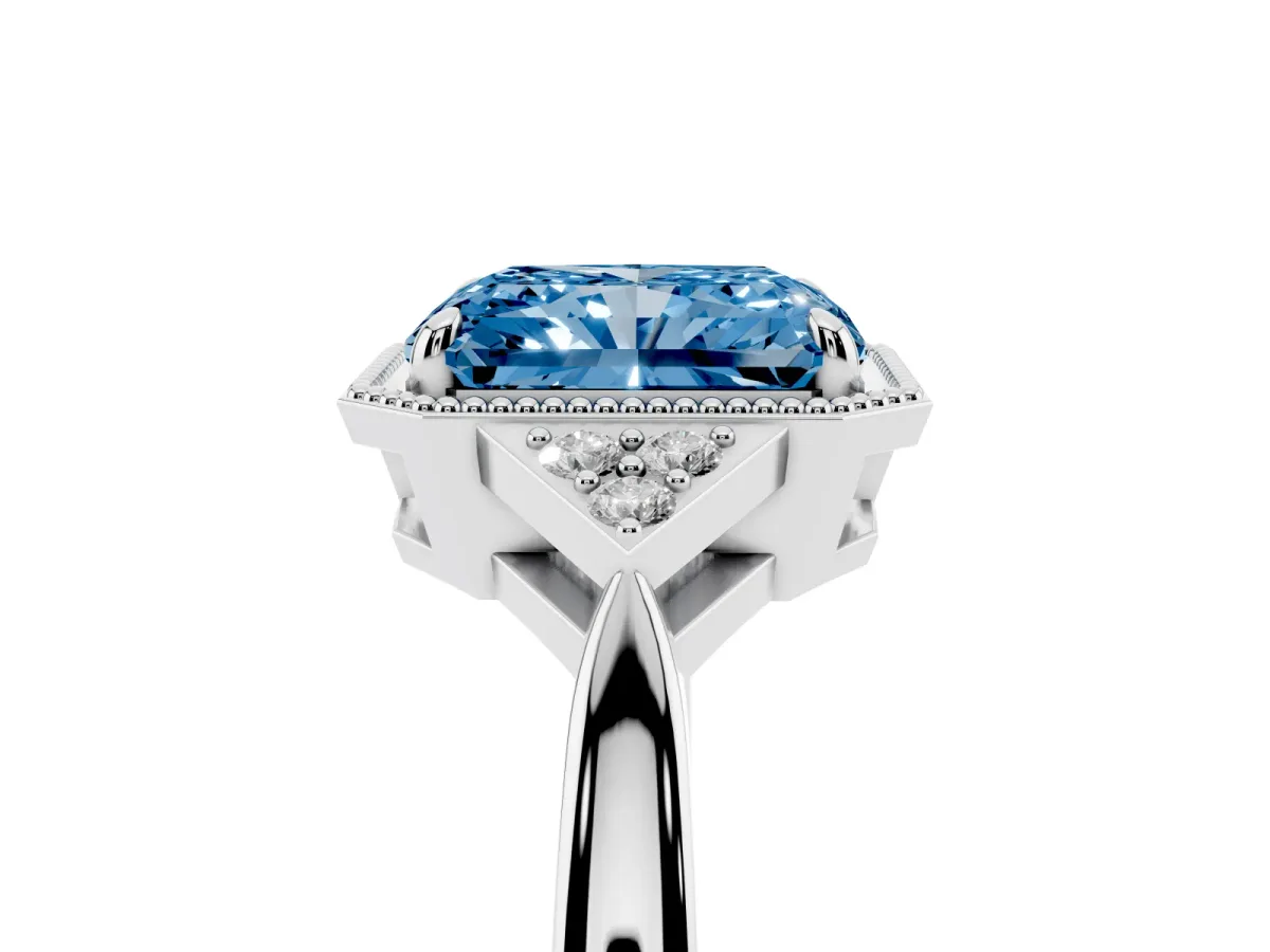 Fancy Blue Radiant Cut Diamond Halo Ring with Tapered Band and Four-Prong Setting Silver