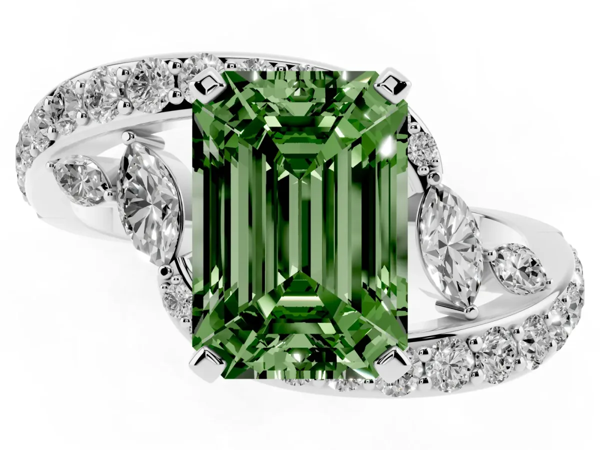 Fancy Green Emerald Cut Solitaire with Pavé Twist Band and Four-Prong Setting Silver