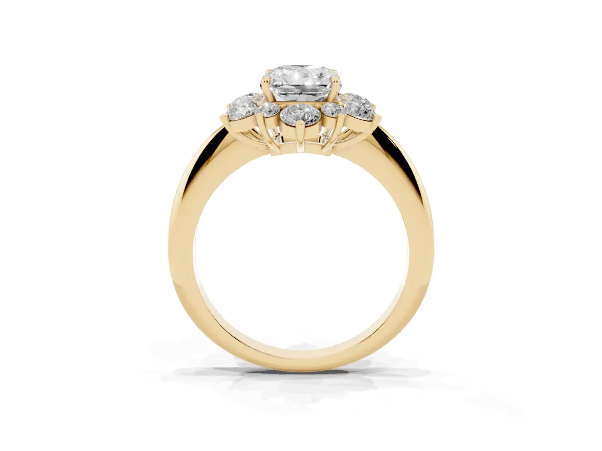 Radiant Cut Diamond Cluster Halo Ring with Solitaire Band and Four-Prong Setting Yellow gold