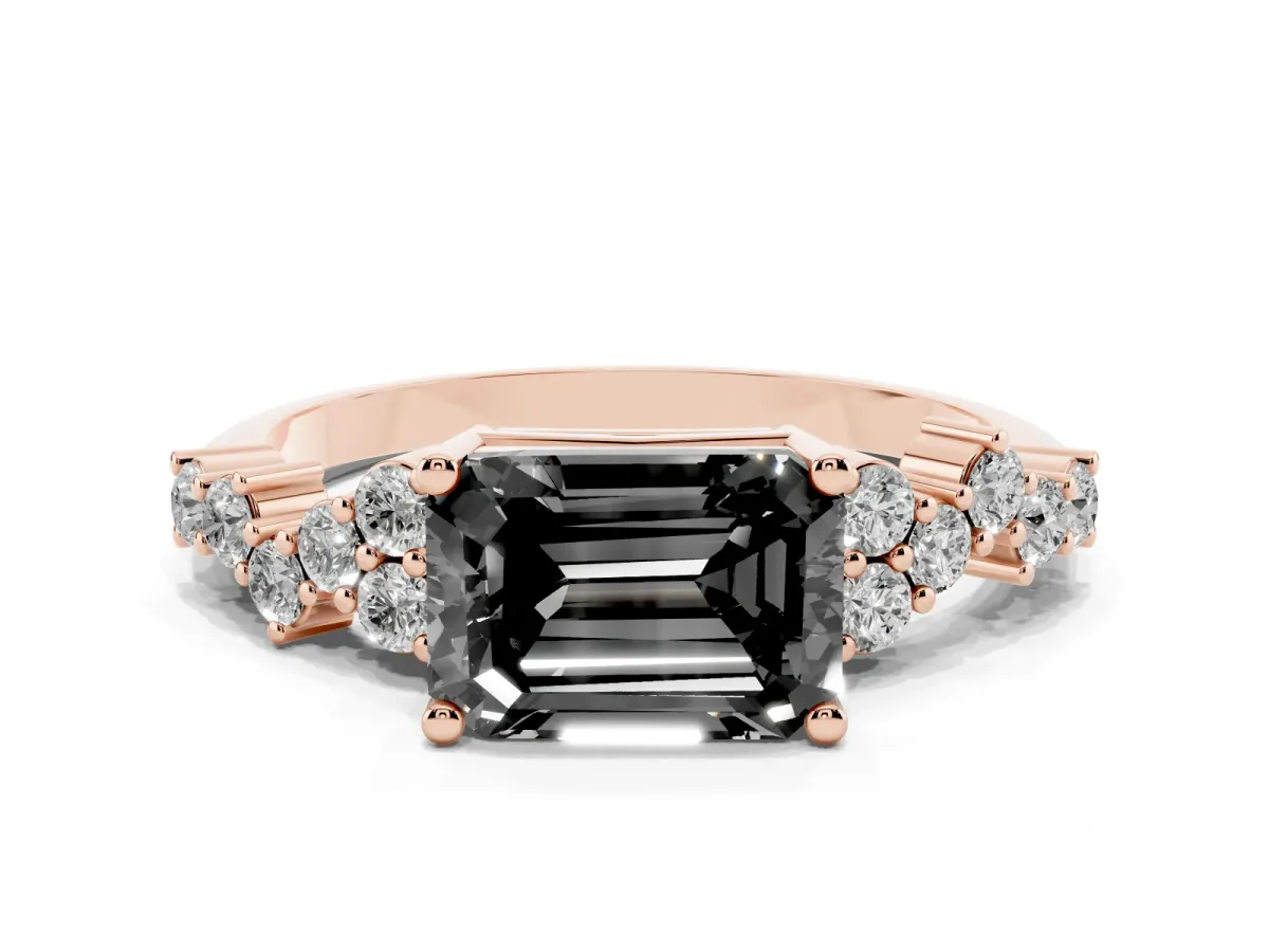 Fancy Black Emerald Cut Diamond Scattered Round Accent Ring with Prong Setting Rose gold