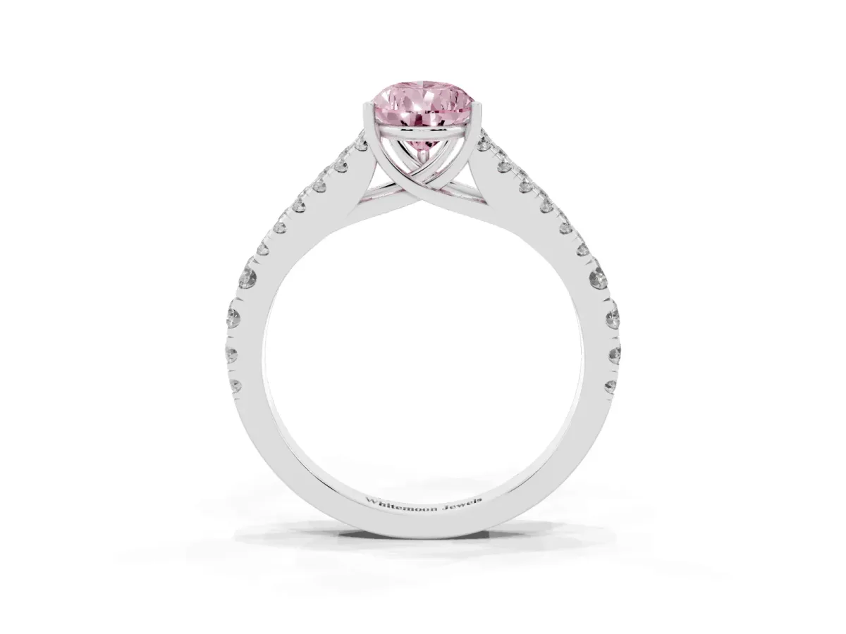 Fancy Pink Pear Cut Diamond Split Shank Engagement Ring with Round Pavé and Prong Setting Platinum