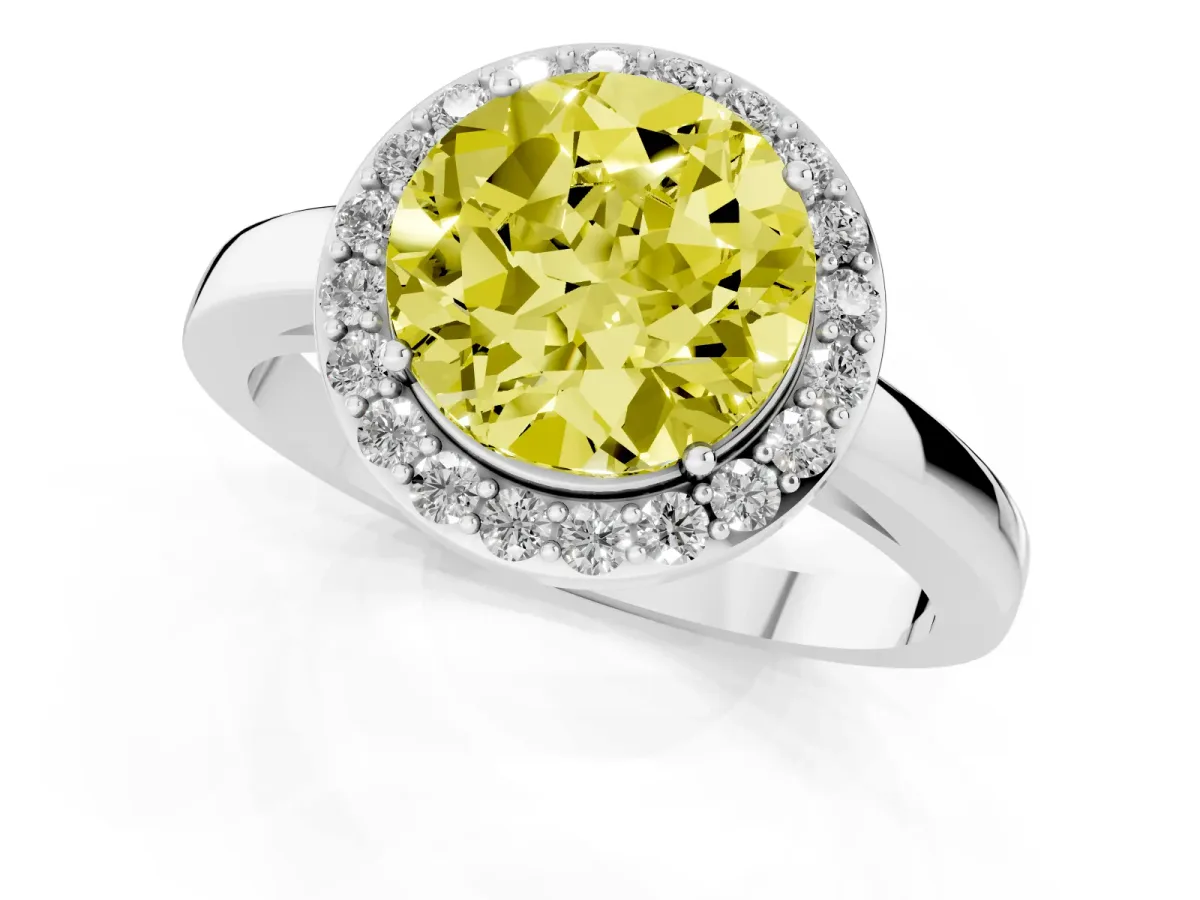 Fancy Yellow Round Cut Halo Diamond Ring with Solitaire Band and Prong Setting Silver