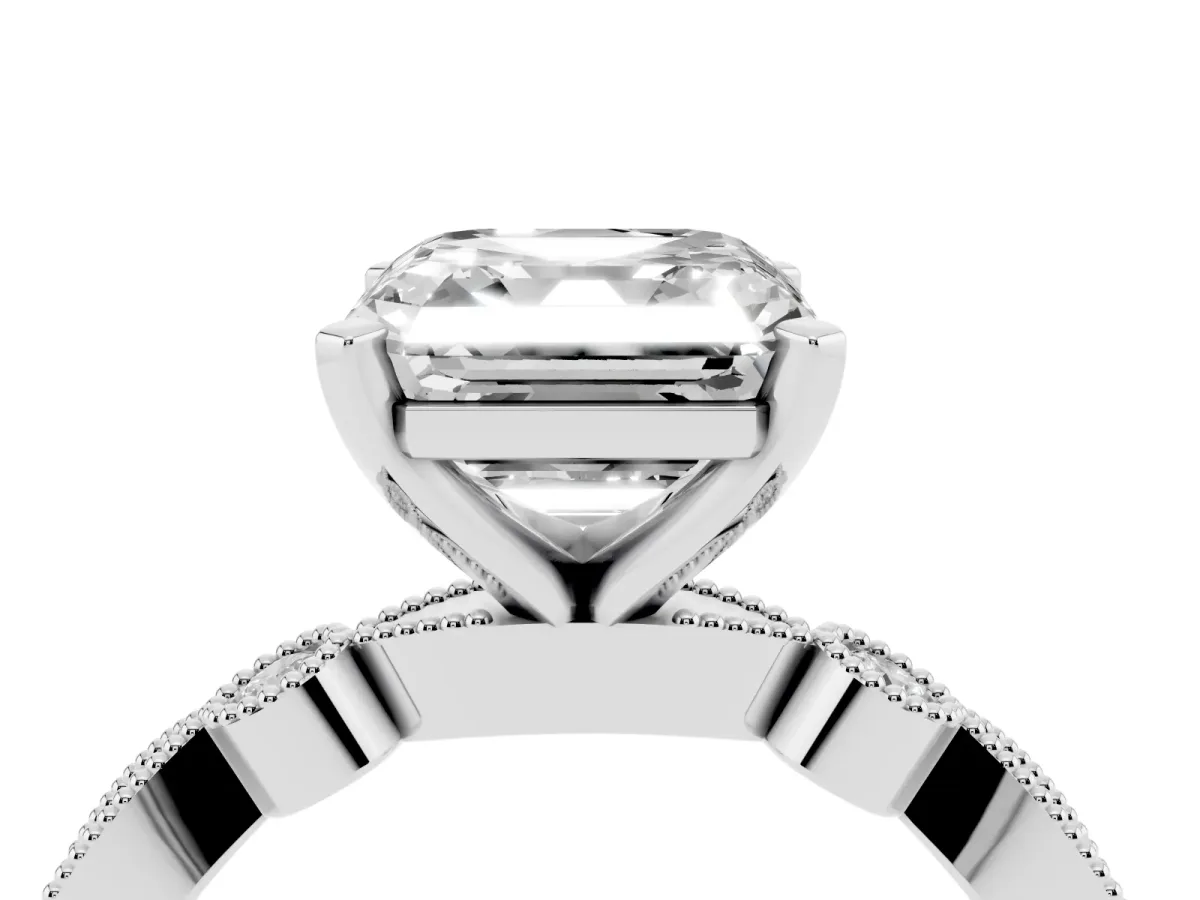 Asscher Cut Milgrain Bezel Diamond Engagement Ring with Solitaire Prong Setting Silver