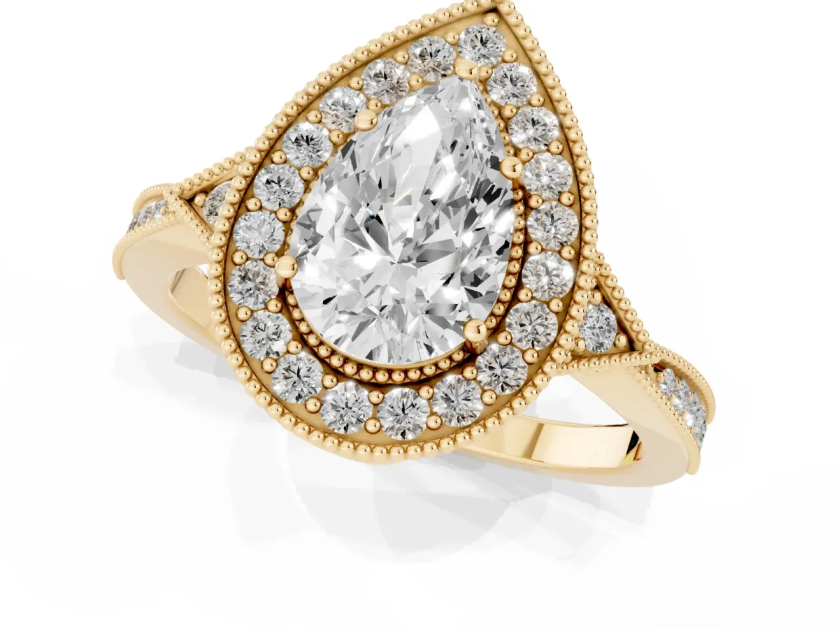 Pear Cut Halo Round Diamond Milgrain Pave Engagement Ring Yellow gold