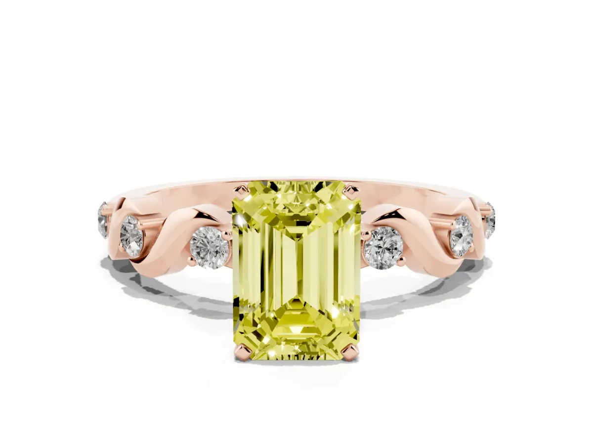 Fancy Yellow Emerald Cut Diamond Solitaire Twisted Band with Round Accents and Prong Setting Rose gold