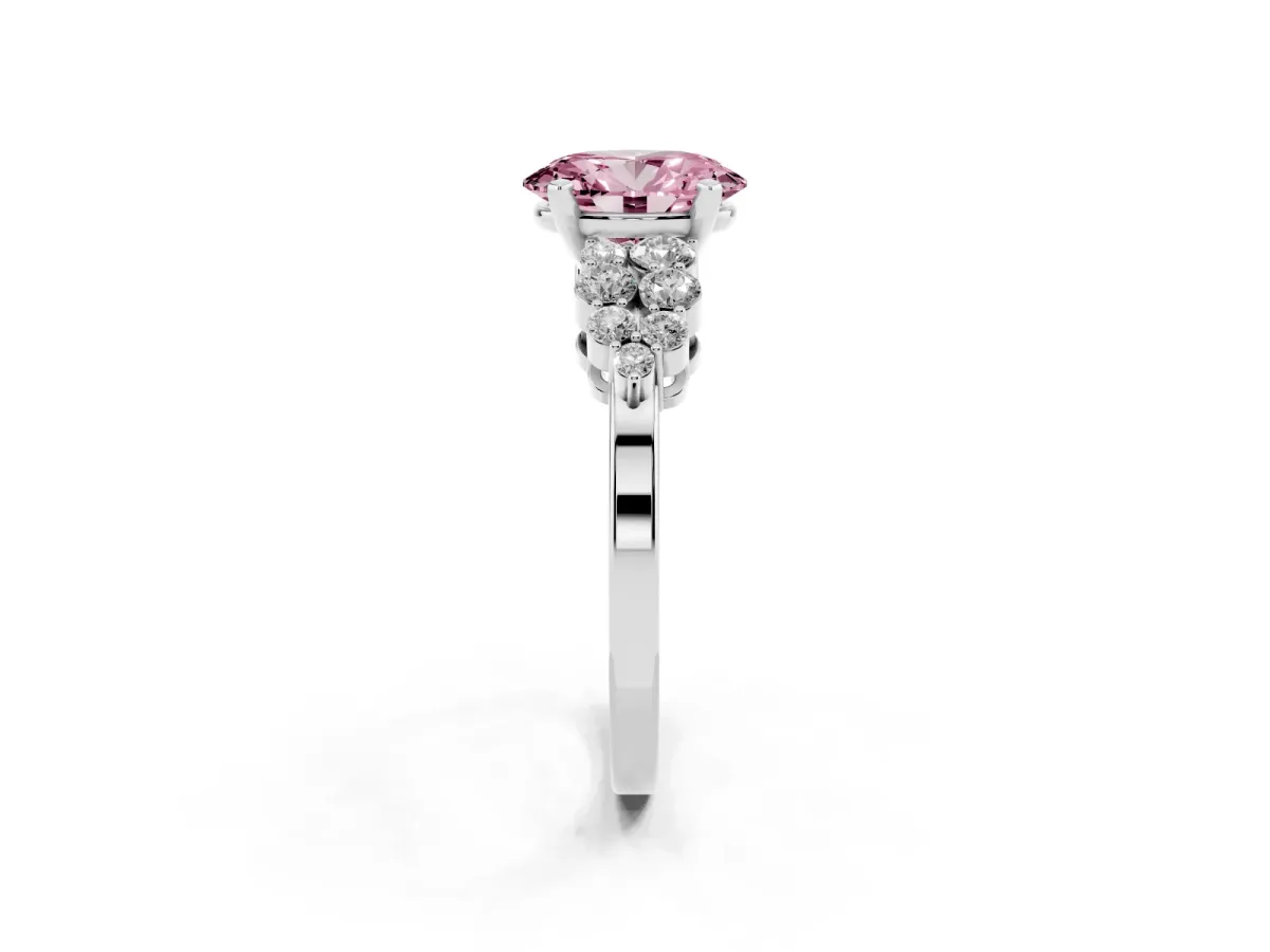 Fancy Pink Oval Cut Cluster Diamond Engagement Ring with Pavé Band and Four-Prong Setting Platinum