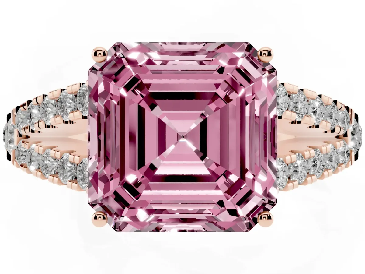 Fancy Pink Asscher Cut Diamond Split Shank Pavé Engagement Ring with Four-Prong Setting Rose gold