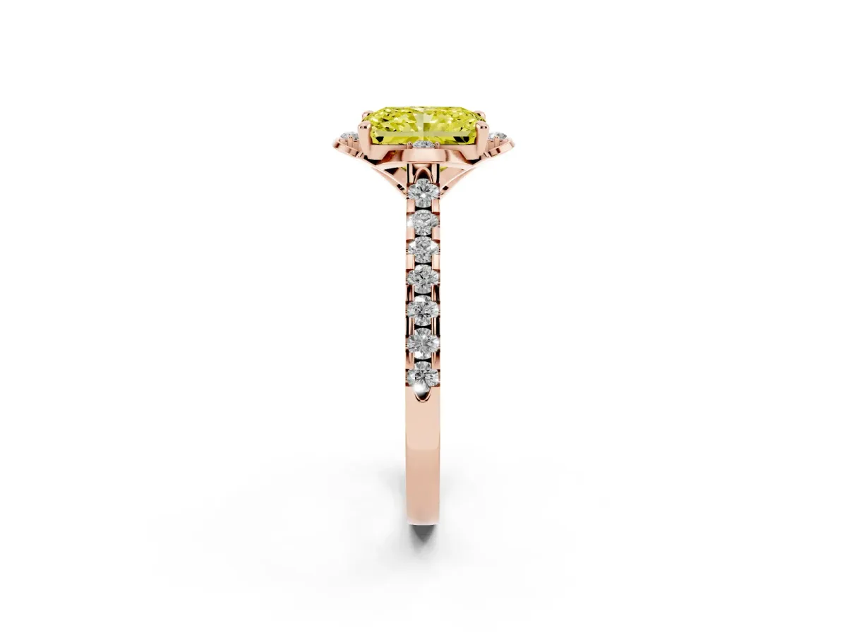Fancy Yellow Radiant Cut Diamond Ring with Pavé Band and Floral Prong Setting Rose gold