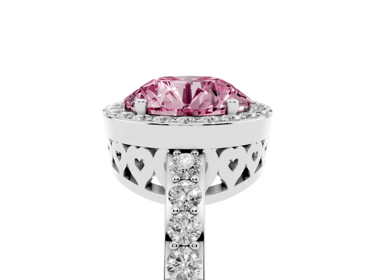 Fancy Pink Round Cut Halo Diamond Pavé Band Ring with Prong Setting Silver