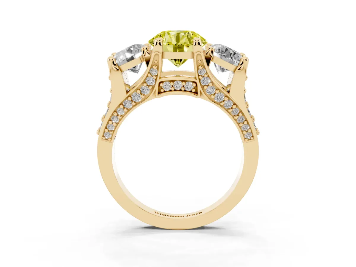 Fancy Yellow Round Cut Diamond Three-Stone Ring with Channel Set Band and Four-Prong Setting Yellow gold