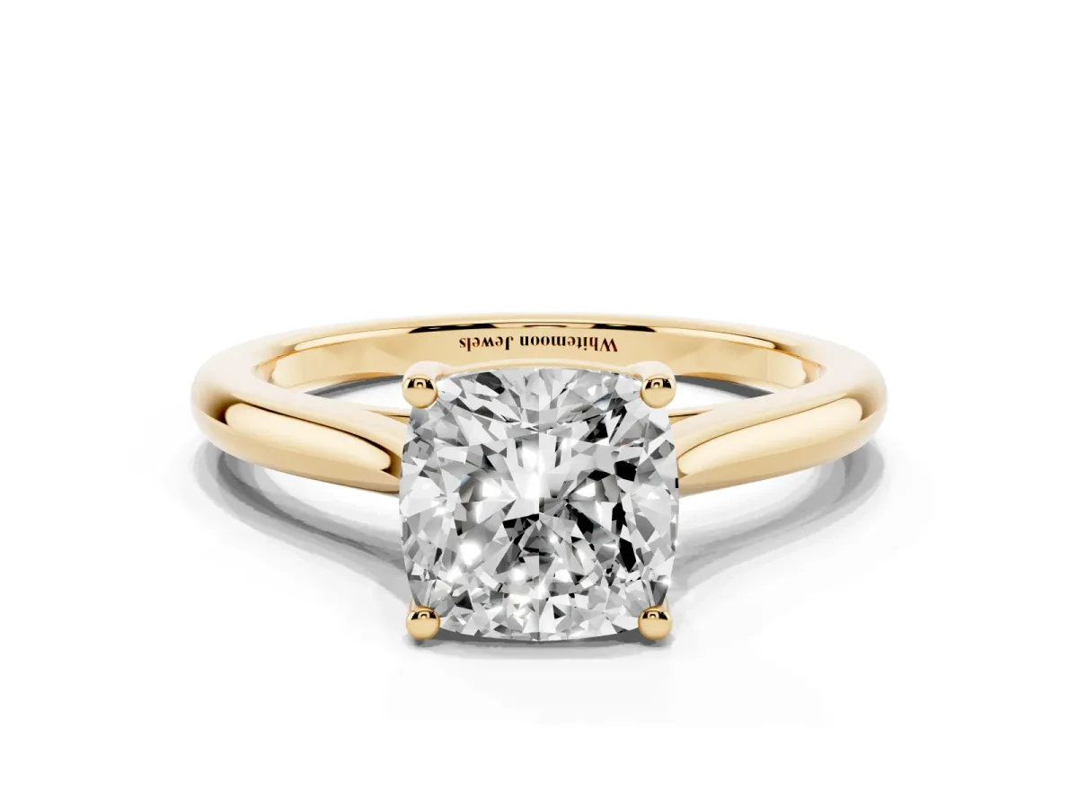 Cushion Cut Cut Solitaire Ring with Cathedral Band and Four-Prong Setting Yellow gold