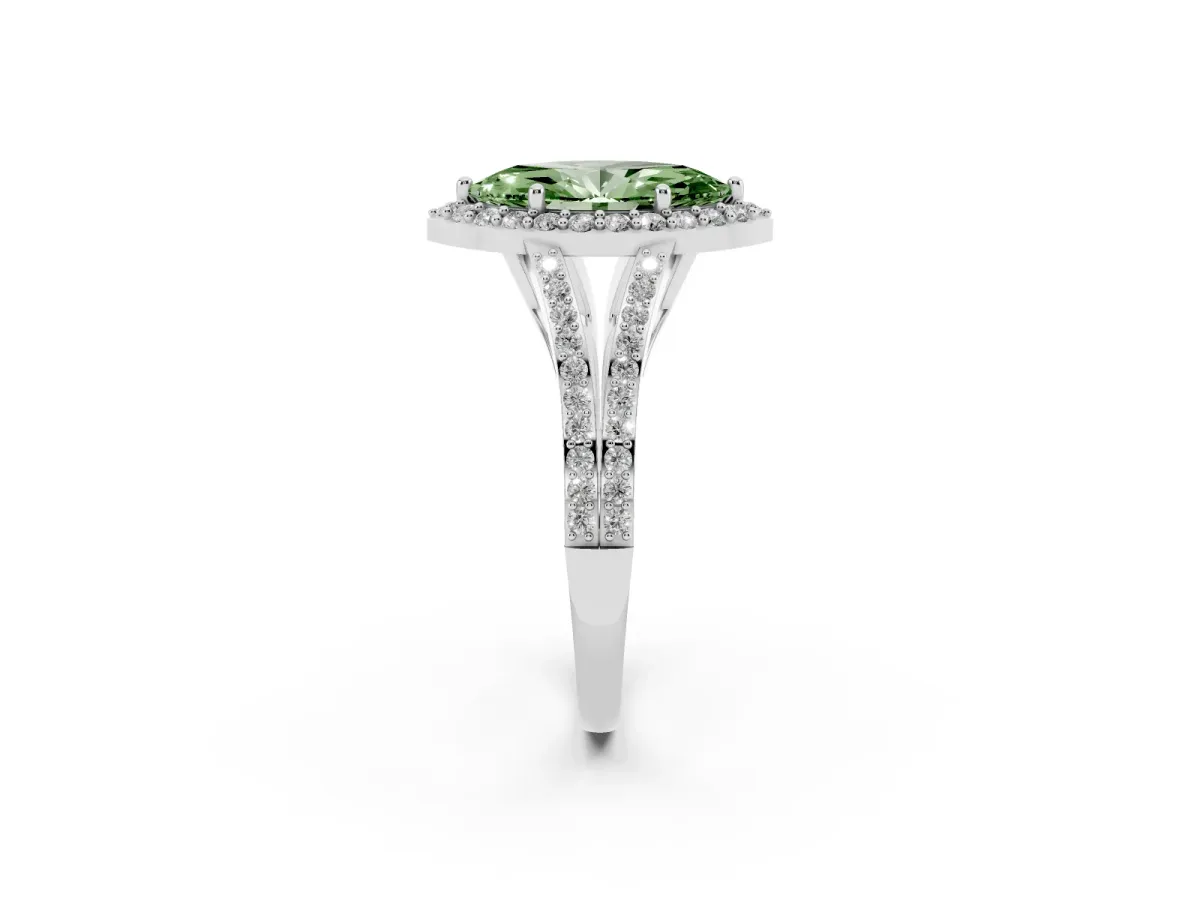 Fancy Green Marquise Cut Halo Split Shank Pave Diamond Ring with Four-Prong Setting Platinum