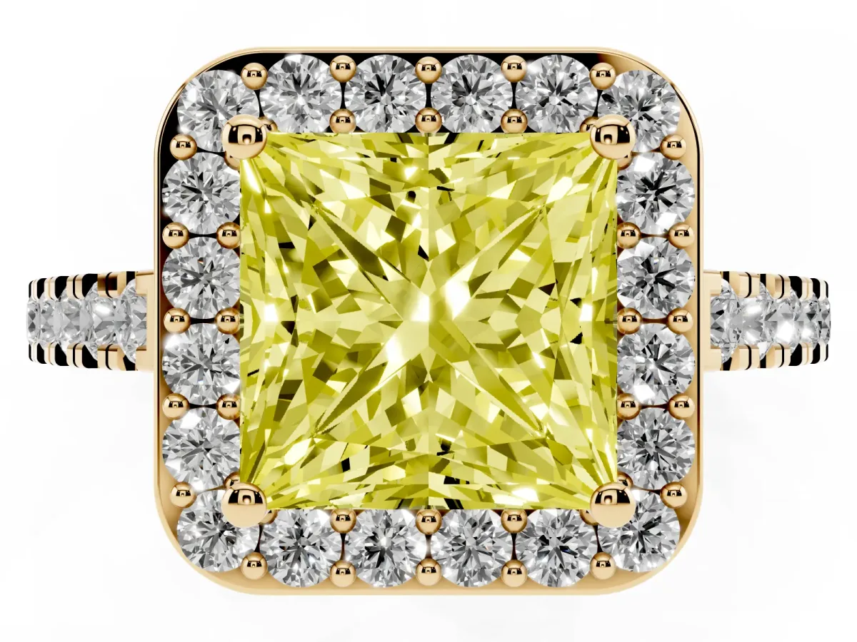 Fancy Yellow Princess Cut Diamond Halo Ring with Round Pavé Split Shank and Prong Setting Yellow gold