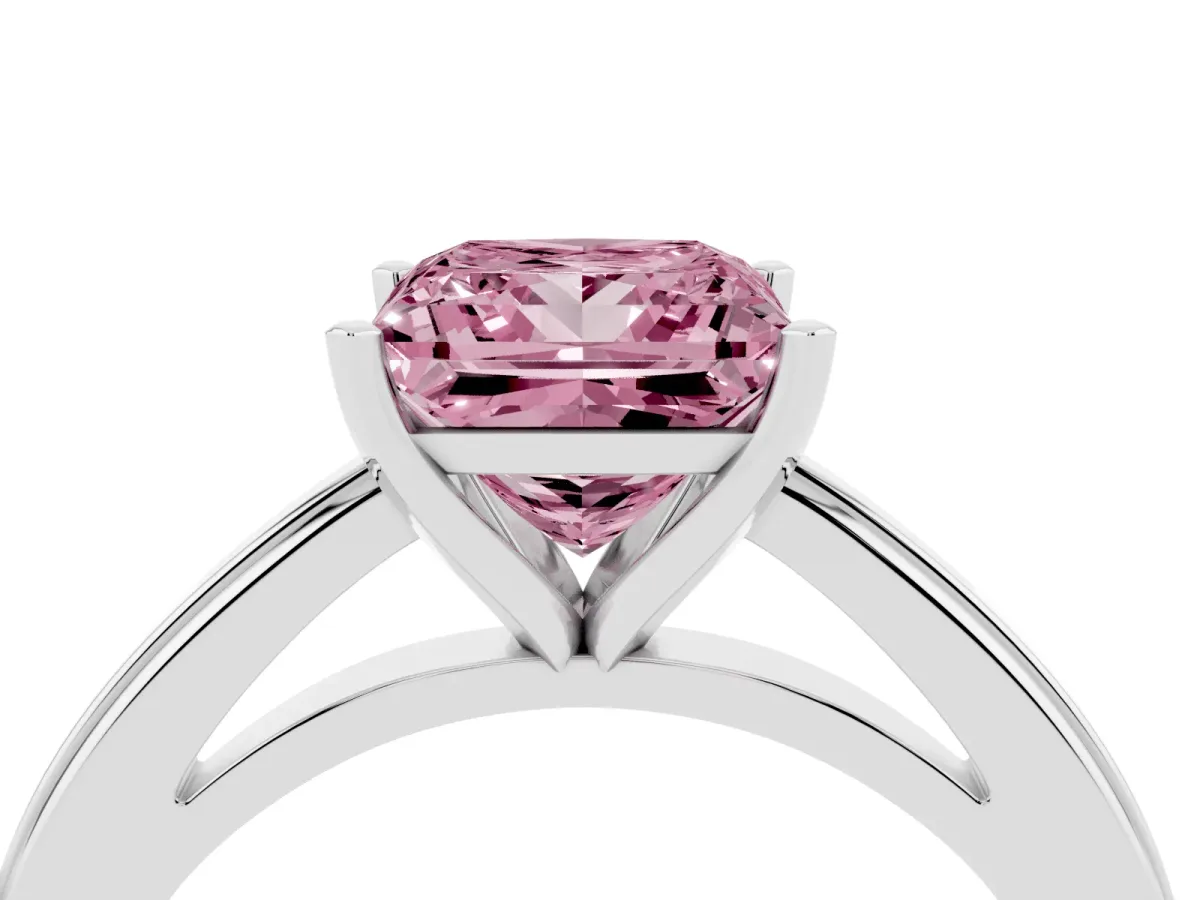 Fancy Pink Princess Cut Solitaire Diamond Ring with Four-Prong Setting and Classic Band Silver