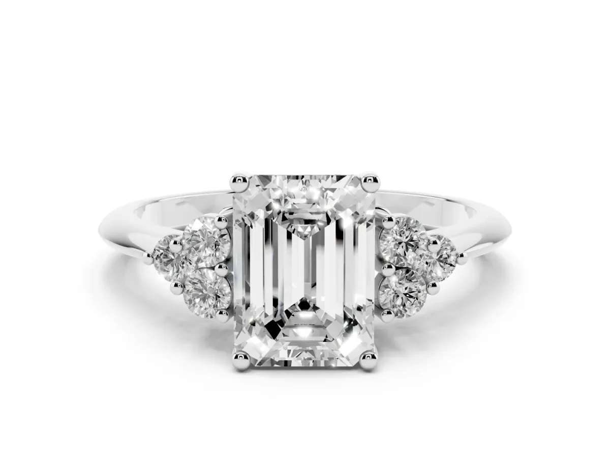 Emerald Cut Cut Diamond Cluster Ring with Solitaire Band and Four-Prong Setting Silver
