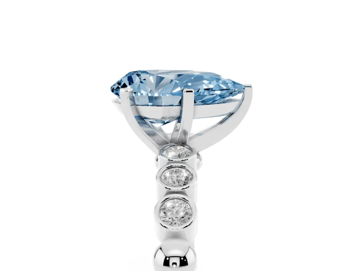 Fancy Blue Pear Cut Solitaire Bezel Accent Diamond Engagement Ring with Beaded Band and Four-Prong Setting White gold