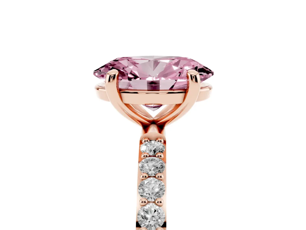 Fancy Pink Oval Cut Diamond Solitaire Ring with Round Pavé Band and Prong Setting Rose gold
