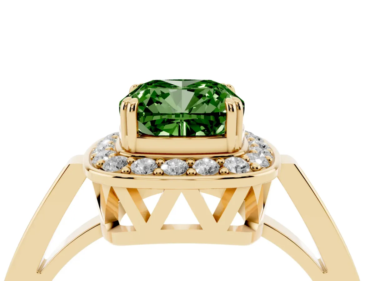 Fancy Green Cushion Cut Diamond Halo Ring with Split Shank and Four-Prong Setting Yellow gold