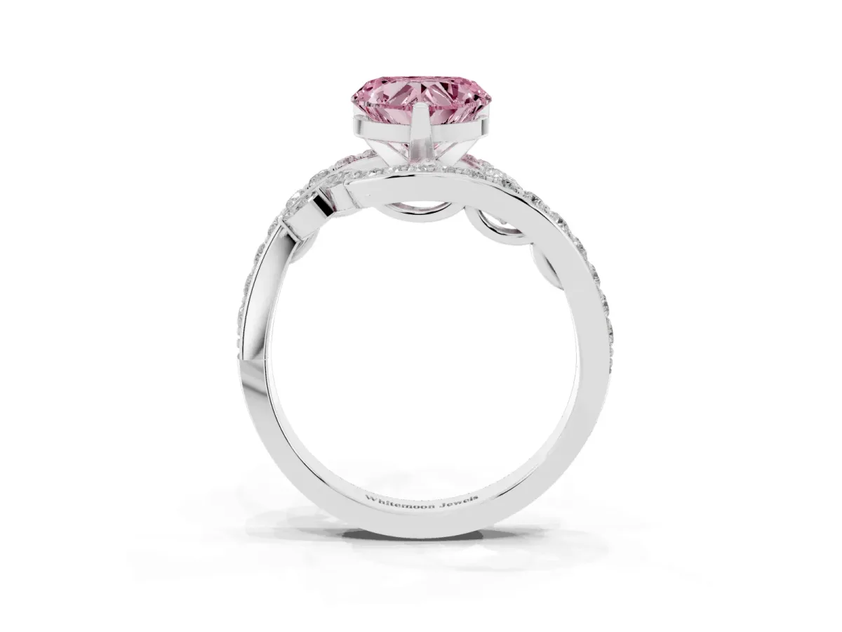 Fancy Pink Heart Cut Solitaire with Pavé Twist Band and Four-Prong Setting Silver