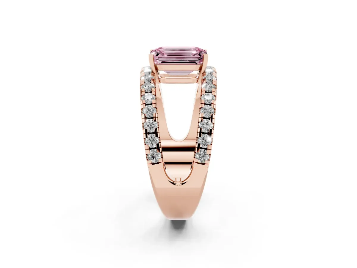 Fancy Pink Emerald Cut Solitaire Split Shank Pave Diamond Ring Rose gold
