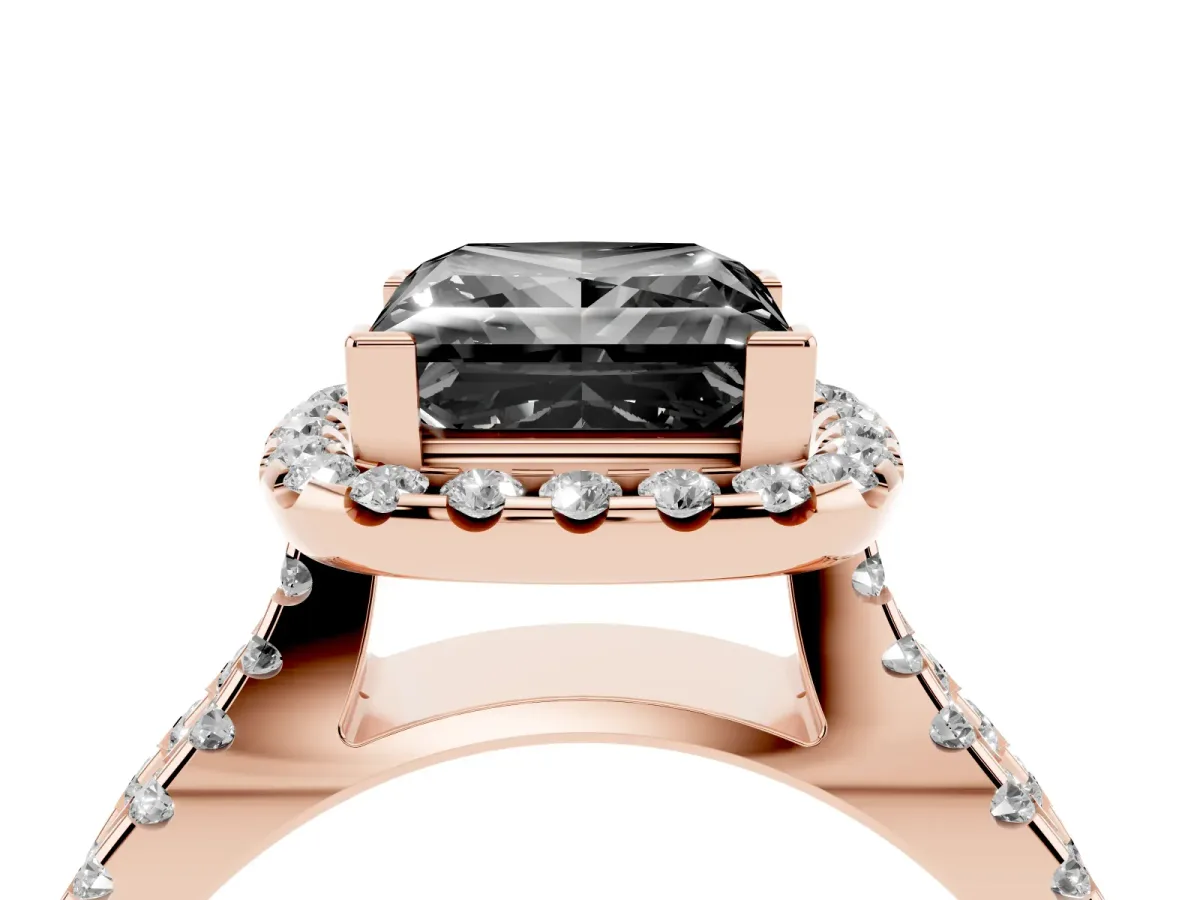 Fancy Black Princess Cut Diamond Halo Ring with Split Shank Pavé Band and Prong Setting Rose gold