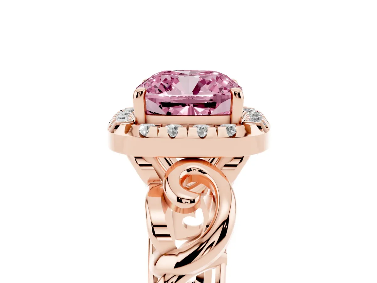 Fancy Pink Cushion Cut Cut Halo Diamond Ring with Scrollwork Band and Four-Prong Setting Rose gold