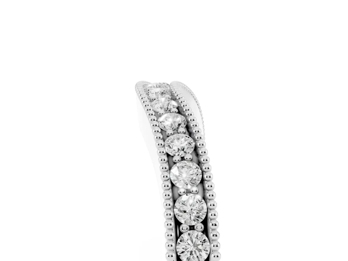 Round Brilliant Milgrain Bezel Set Diamond Wave Band Silver