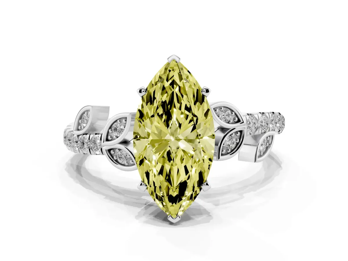 Fancy Yellow Marquise Cut Solitaire Leaf-Inspired Diamond Ring with Pavé Band and Four-Prong Setting Silver