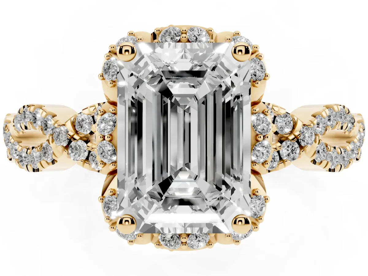 Emerald Cut Halo Twist Band Solitaire Ring with Six-Prong Setting Yellow gold
