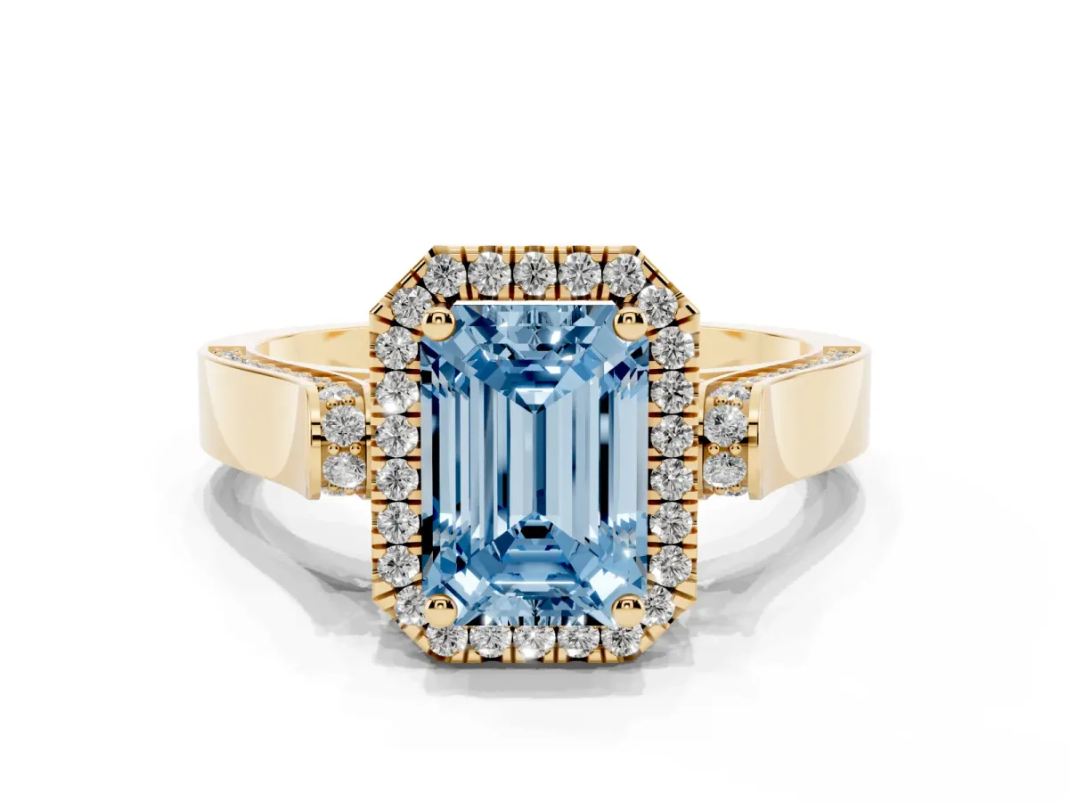 Fancy Blue Emerald Cut Halo Round Diamond Twist Band with Four-Prong Setting Yellow gold