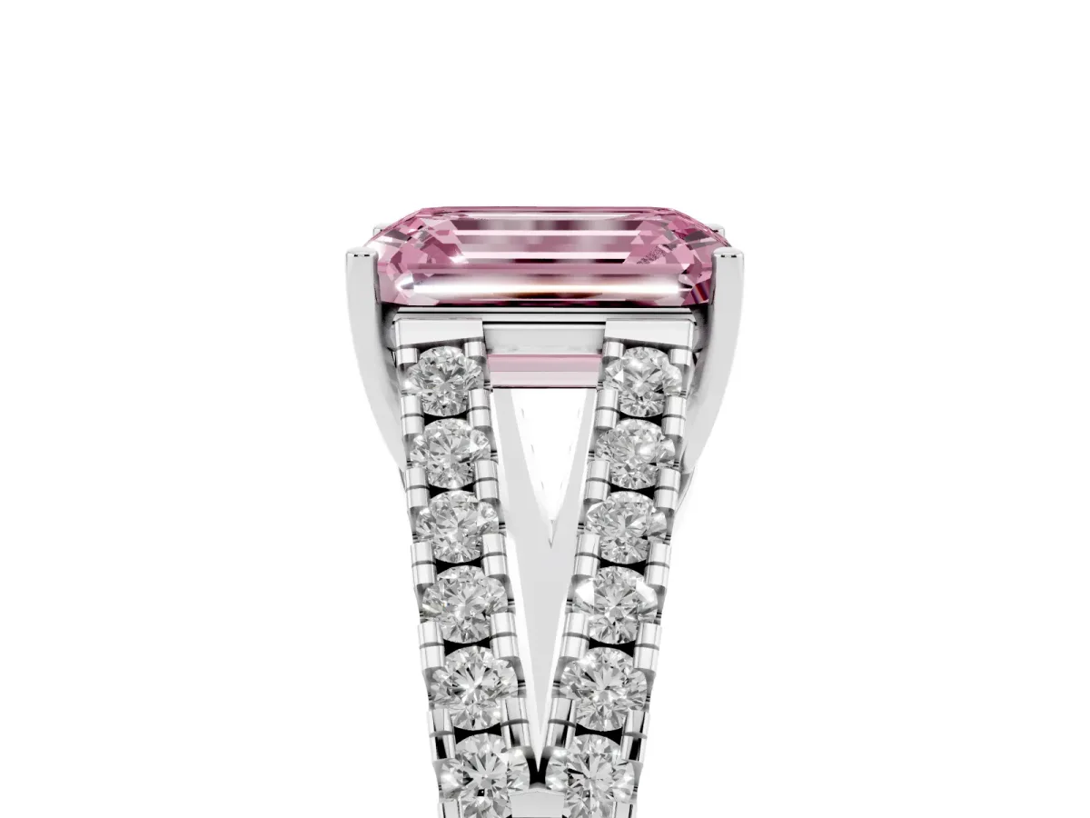 Fancy Pink Emerald Cut Diamond Split Shank Engagement Ring with Round Pavé and Prong Setting Silver